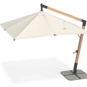 Beige terrassparasoll med sidostång, puisella kannella ja mustilla metalliosilla, harmaille