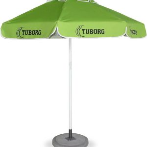 grön Tuborg-parasoll grån jalustapohjan kanssa, öppnad användningsläge