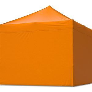orange pop-up tält 40 neliömetriä, jonka tak on koholla ja sivuväggt alhaalla, näytetty