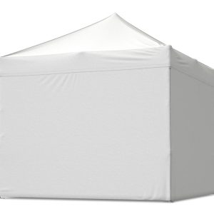 vit pop-up tält Scandipro 40 neliömetrin storlekisena, sivusta kuvattuna.