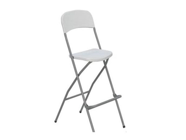grå storlekontaitettava barpall, jonka istuinosa ja selkänoja ovat valkeat.