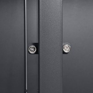 Roskatältduk Comfort Duo svart metallinen säilytyslaatikko, kahva detail lähikuvassa